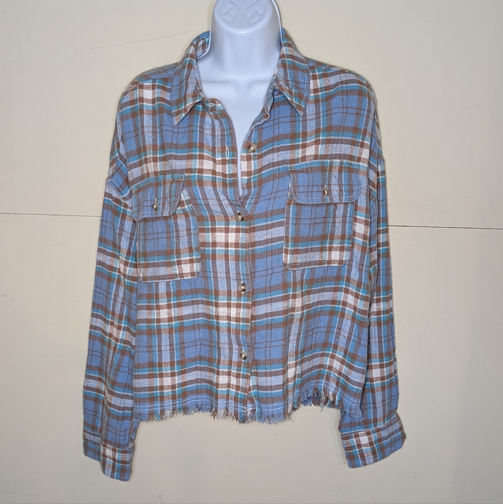 Aeropostale Flannel Button Down Oversized Loose Fit Distressed Hem